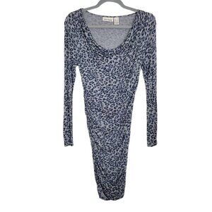 DKNY Leopard Bodycon Dress One Size Petite Gray Ruched Long Sleeves Bus Casual